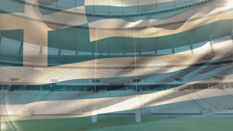 waving greece flag animation over empty stadium with rugby goalposts in background