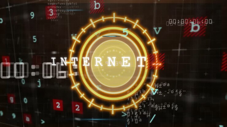Animazione del testo Internet su interfaccia digitale con numeri e simboli
