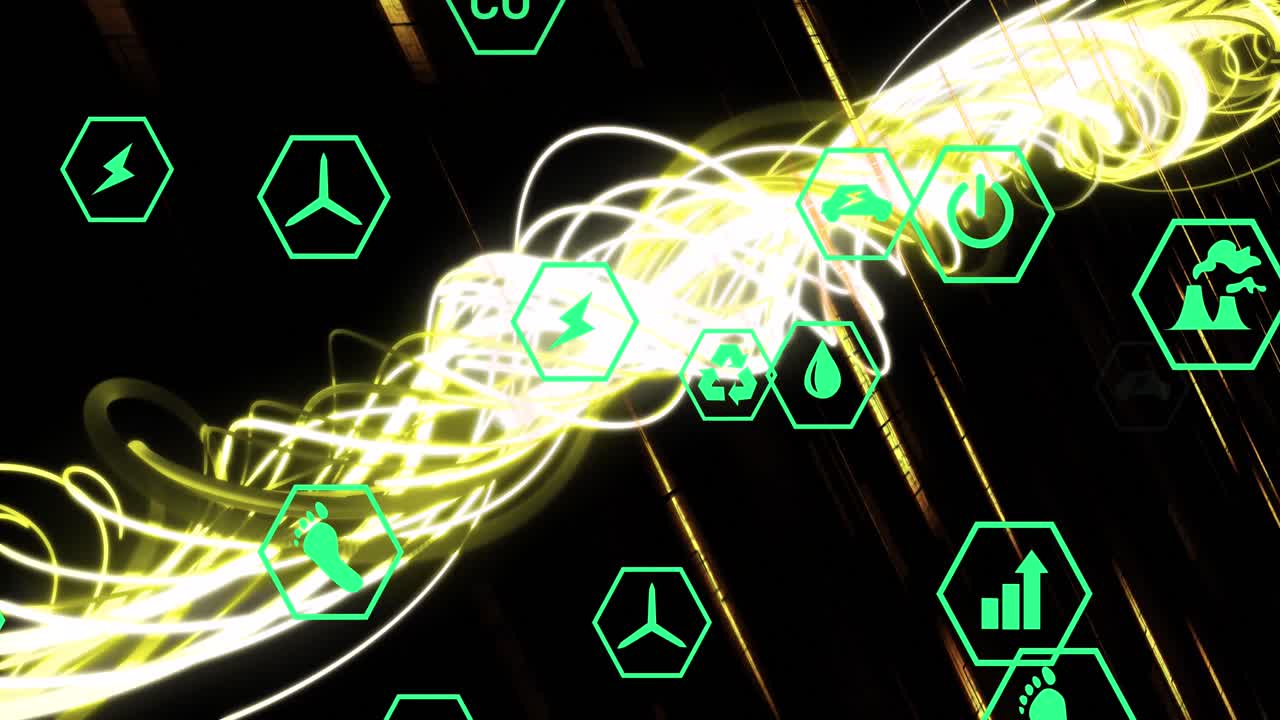 검은색 배경에 파동 빛과 에코 아이콘의 애니메이션