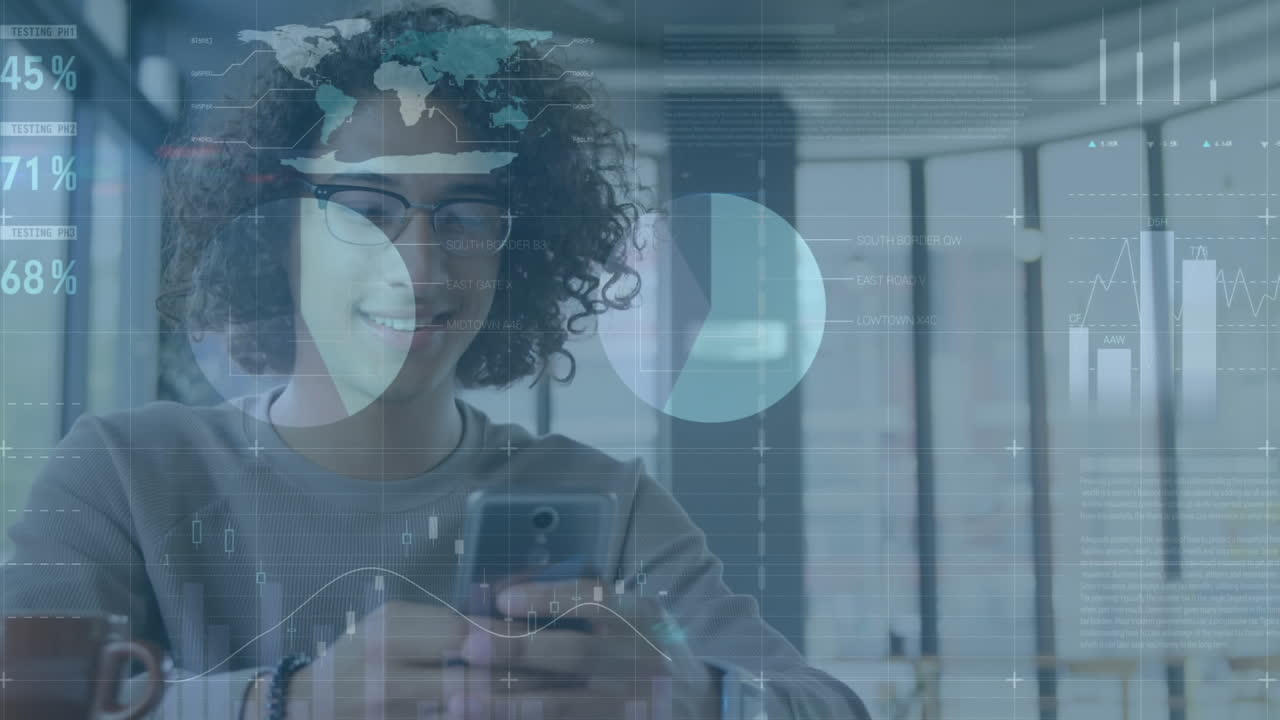 Animation of financial data processing over man using smartphone