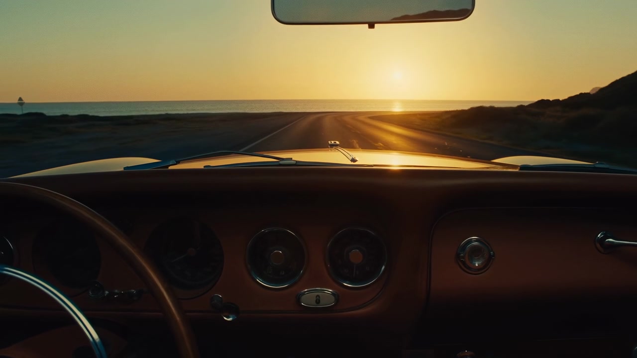 Blick aus dem Inneren eines Oldtimers, der Lenkrad, Armaturenbrett und Windschutzscheibe zeigt, während das Fahrzeug auf einen glühenden Sonnenuntergang, ferne Hügel und eine ruhige Landschaft blickt.
