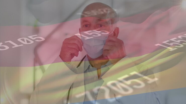 Animación de bandera de Alemania y procesamiento de datos sobre un médico masculino caucásico.