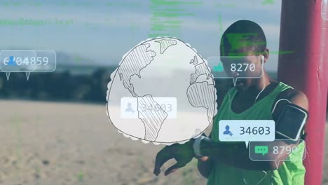 Animation of globe and social media speech bubbles over sportsman checking smartwatch