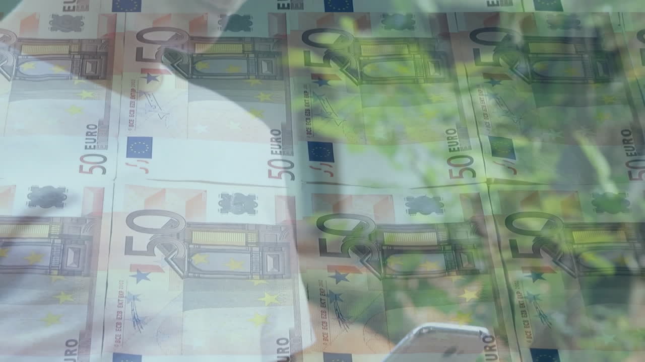 Euro banknotes with greenery overlay, illustrating financial growth in animation