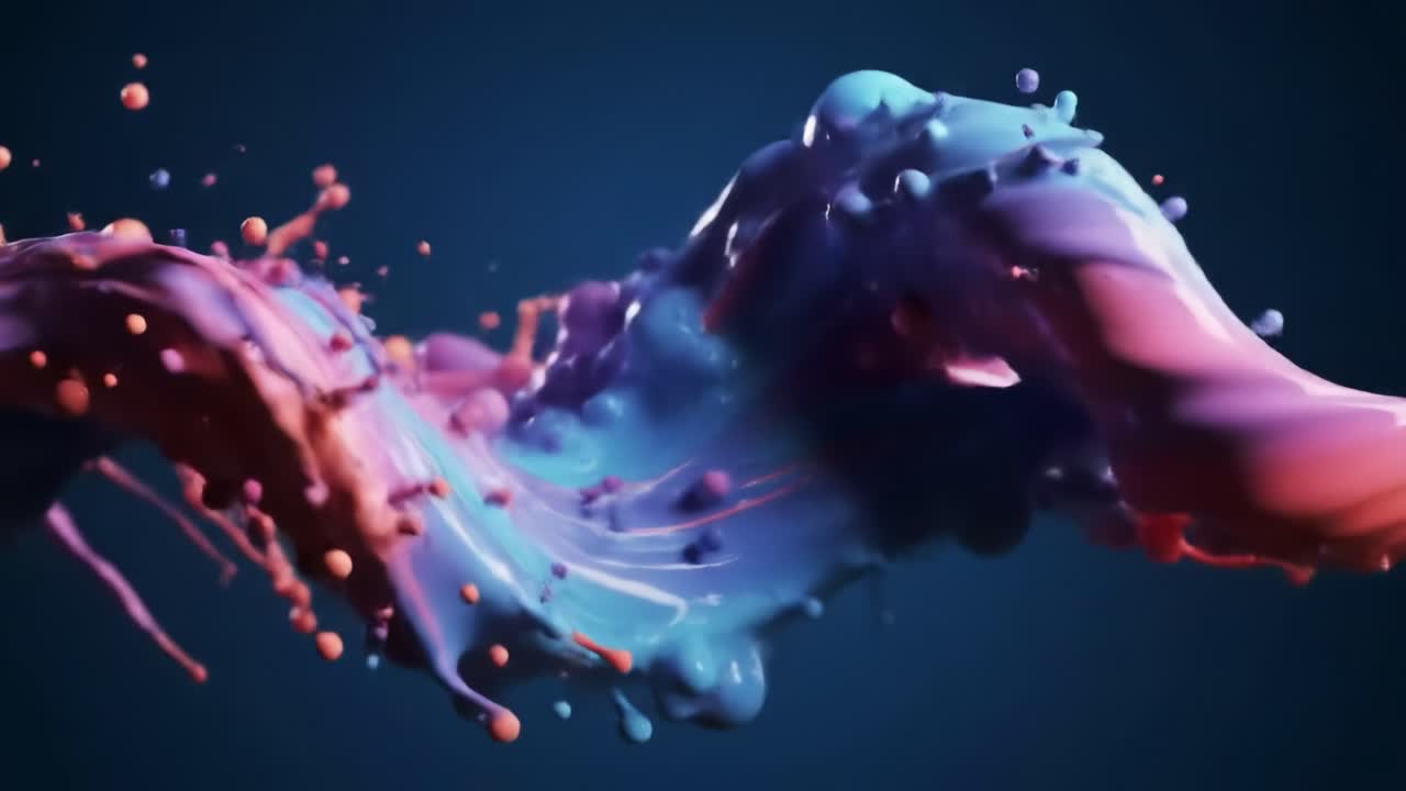 Dynamic Splash of Colorful Liquid Paint Captured in Stunning Detail - An Artistic Display of Motion and Fluidity in Vibrant Hues of Blue, Pink, and Orange