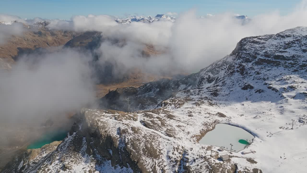 Diavolezza Glacier ski resort in high Swiss alps on sunny day, drone shot
