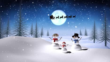Animation-of-black-silhouette-of-santa-claus-in-sleigh-being-pulled-by-reindeer-with-full-moon