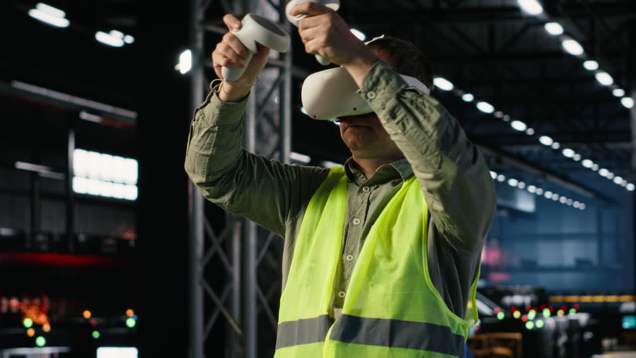 Industrial worker with VR glasses interacting with virtual reality simulation