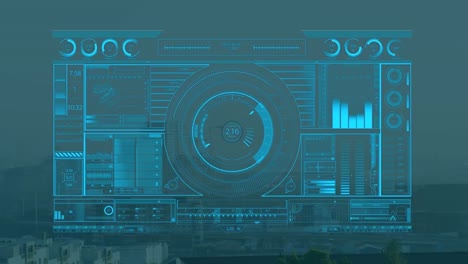 animation of graphical interface screen representing scanning and analyzing of data over buildings