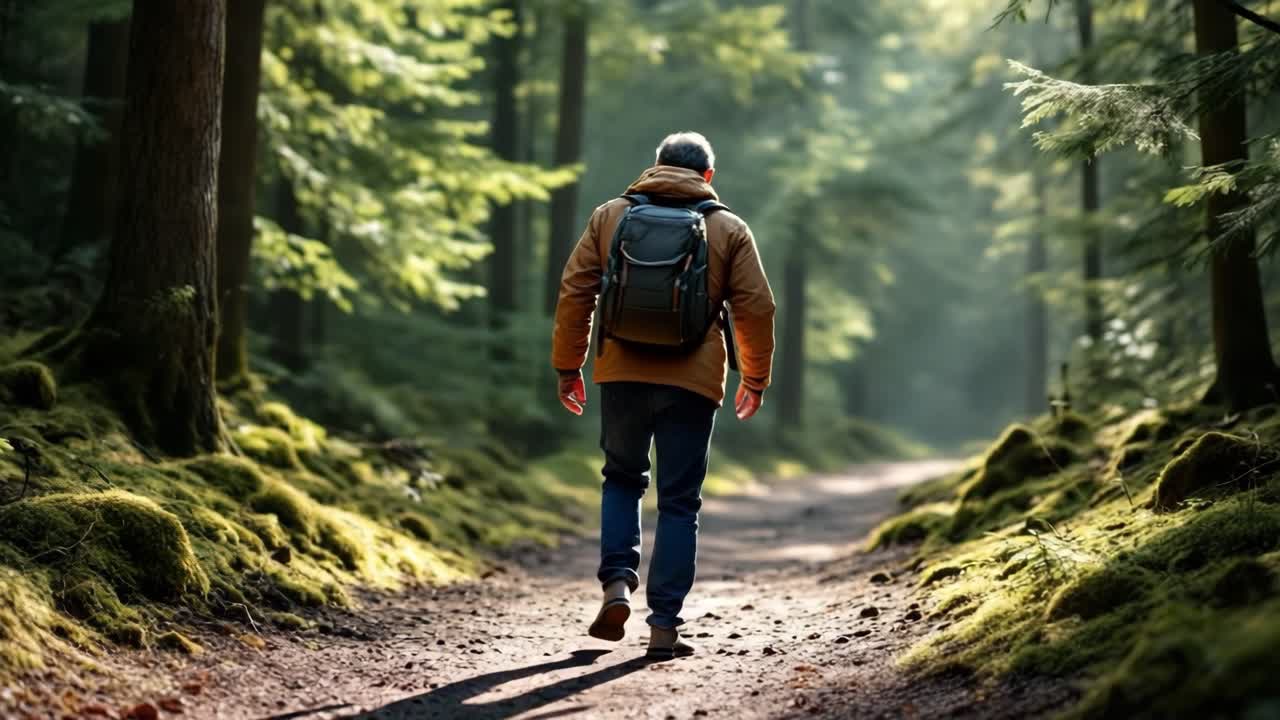 Mountain trail winding through verdant woodland, mossy trees surrounding experienced hiker trekking serene wilderness landscape