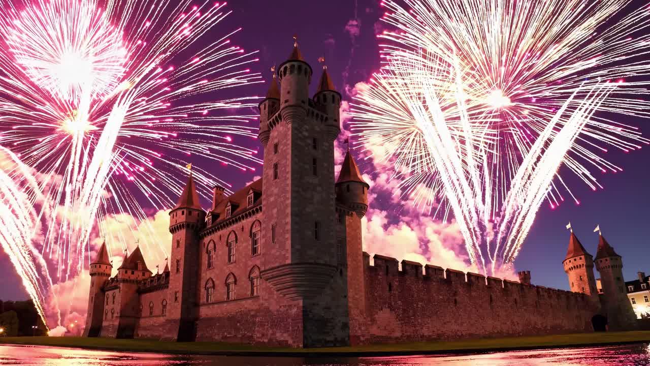 A low-angle video captures a medieval castle under a night sky with vibrant fireworks