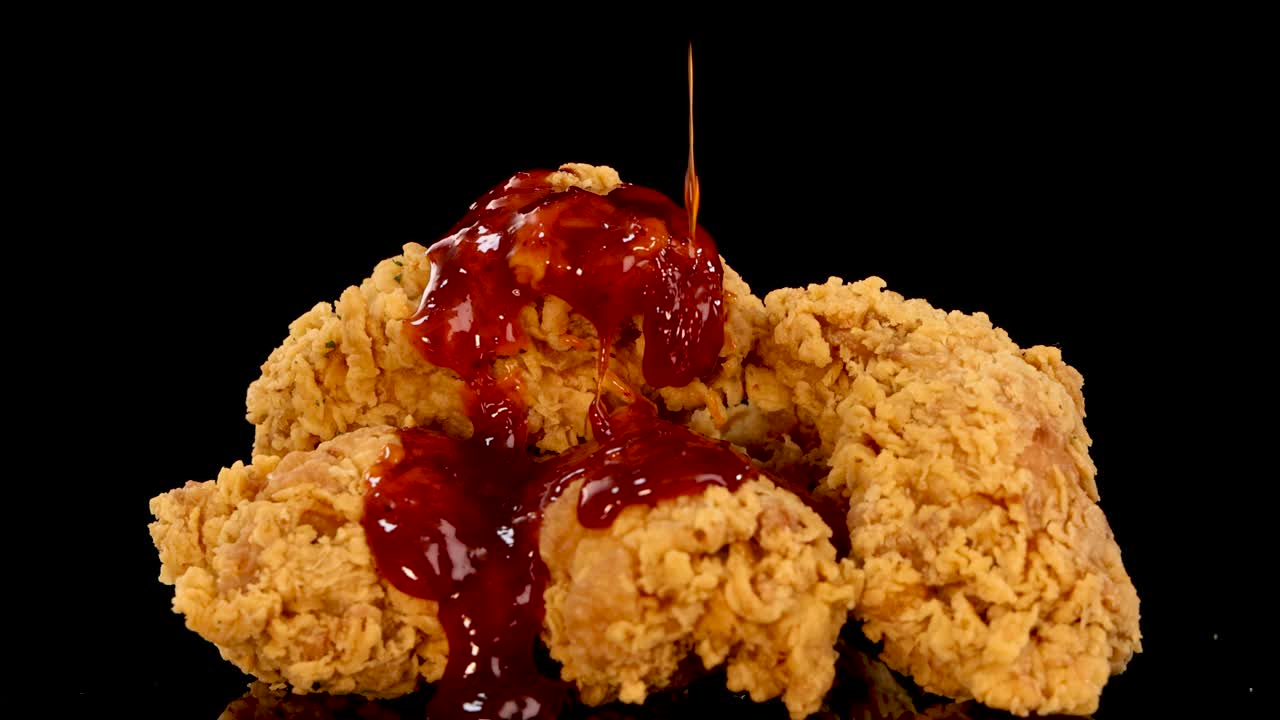 Golden, crumbed fried chicken pieces are drizzled with spicy red sauce in slow motion against a black background, highlighting texture and vivid color