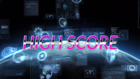 Animation-of-high-score-text-and-data-processing-with-globe-on-black-background