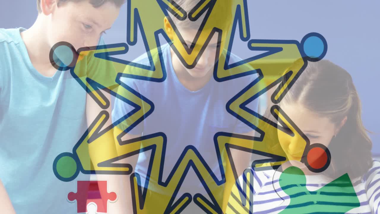 태블릿을 사용하는 다양한 학교 학생들에 대한 퍼즐 조각과 아이콘의 애니메이션