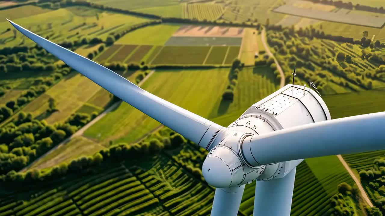 Aerial video captures a close-up of a wind turbine against a lush, green landscape