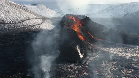 fagradalsfjall volcano in iceland with dark rock and toxic sulfur fumes