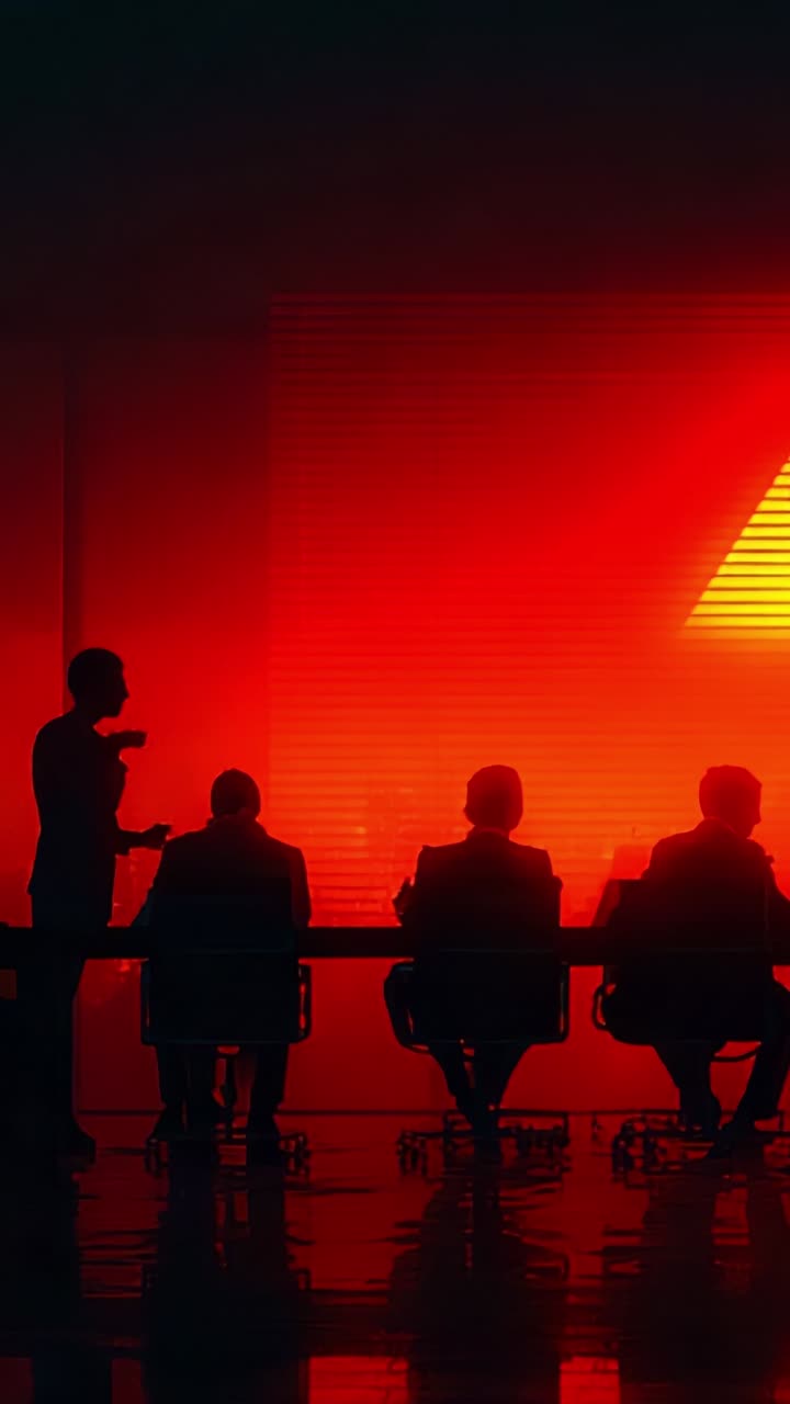 A group of silhouetted figures gathered in a dimly lit conference room with red lighting, engaged in a discussion, emphasizing decisions and leadership dynamics