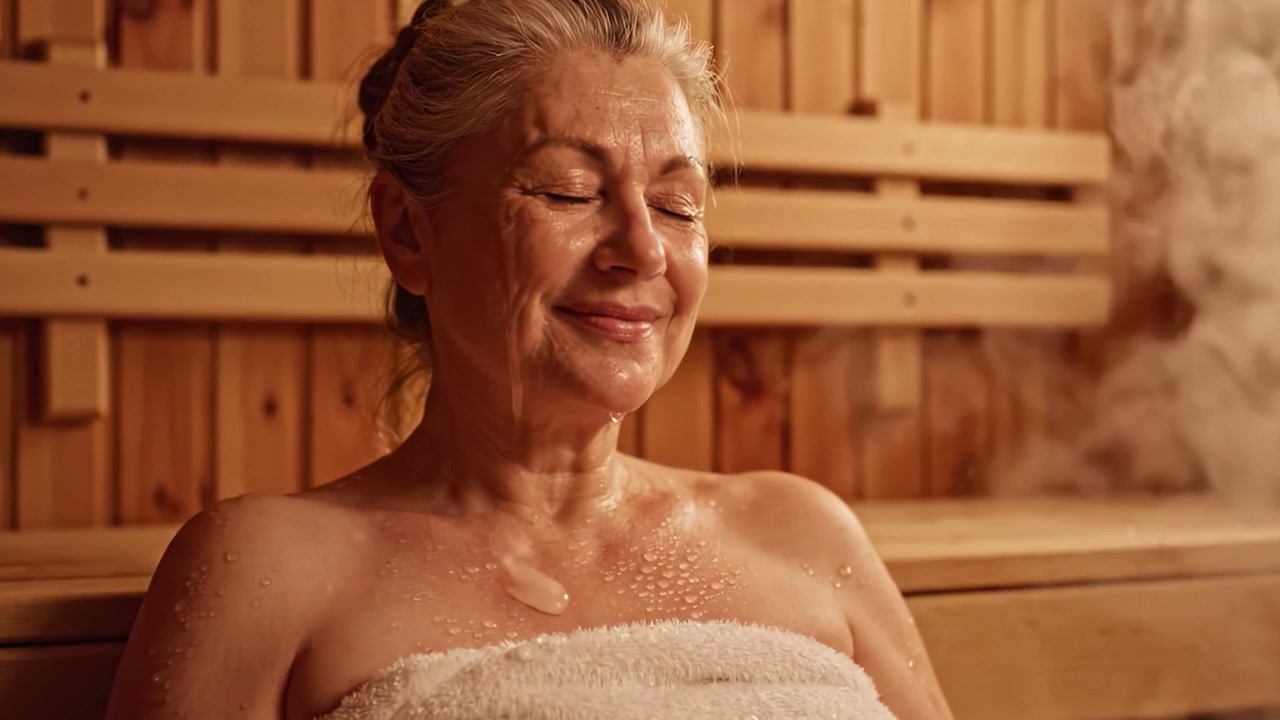 Relax e benessere: una donna che si gode un'esperienza terapeutica in una sauna a vapore, abbracciando calore e tranquillità per il ringiovanimento.