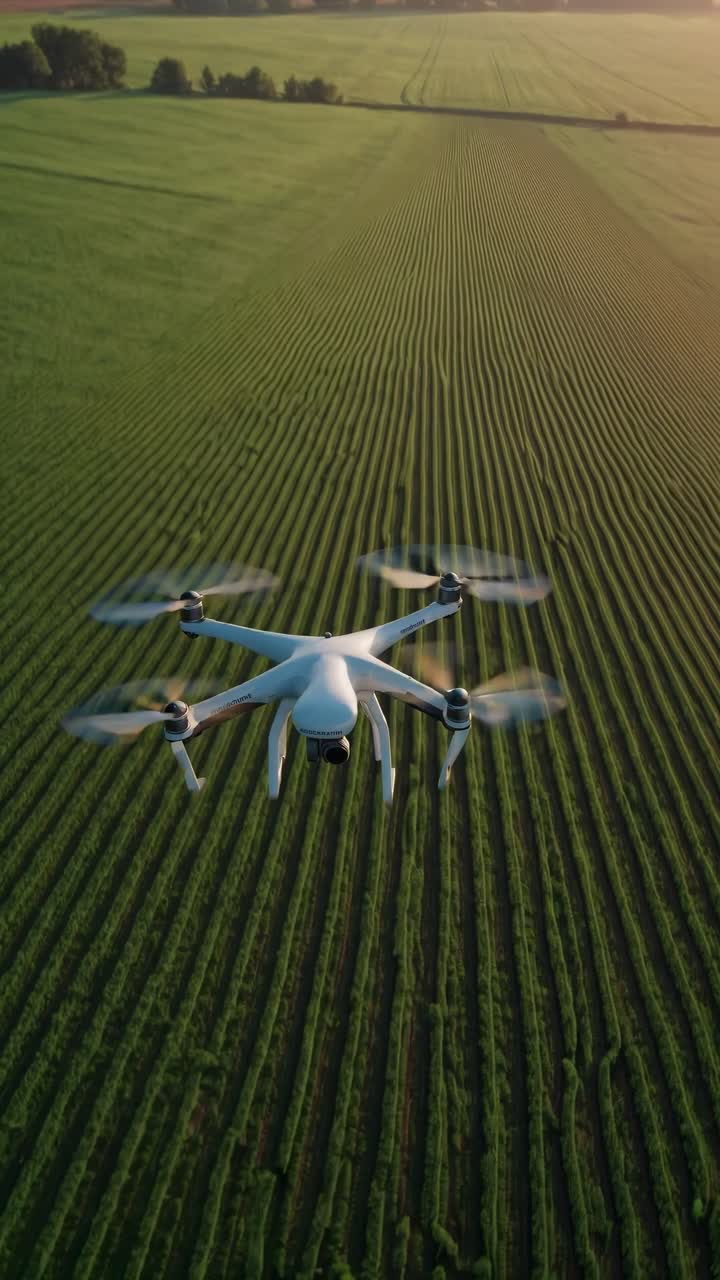 Aerial video captures a drone flying over a vast, symmetrical field at sunset, showcasing precision