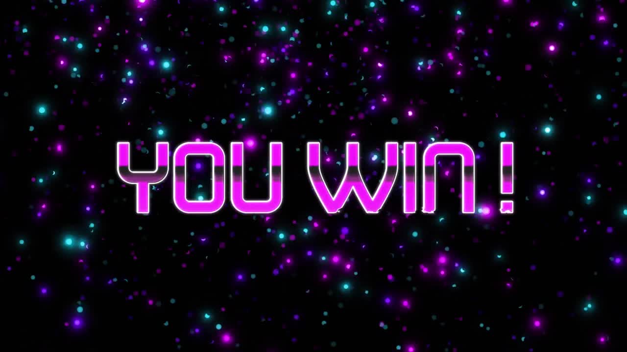 Animation of you win text over flashing blue and purple lights