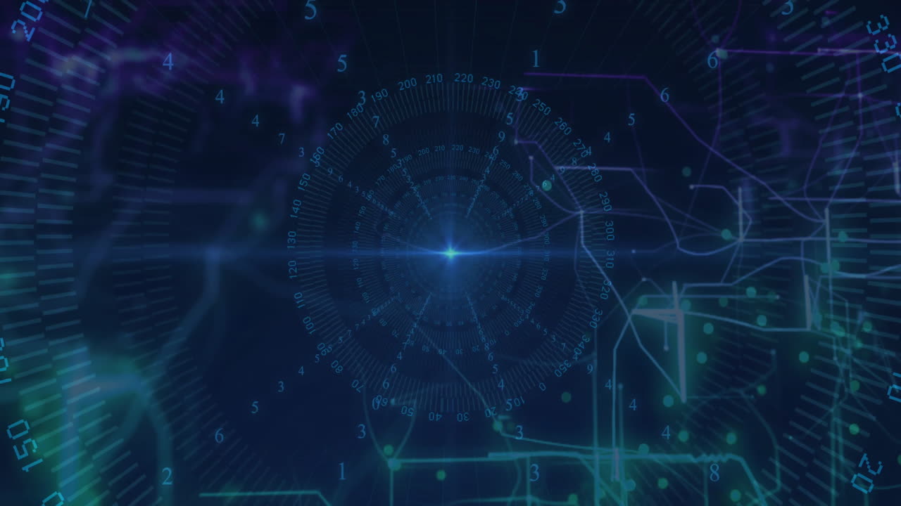 Digital data and network connections animation over circular grid with numbers