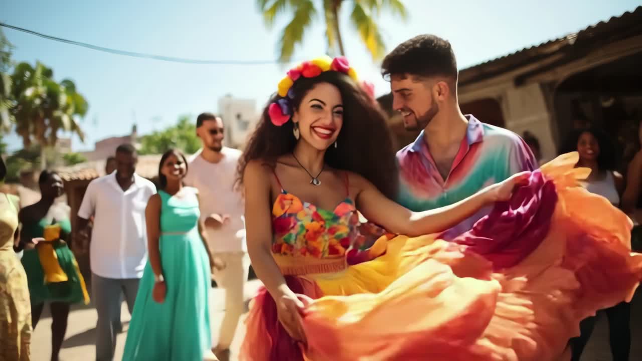 Donna e uomo felici che ballano con abiti tradizionali vivaci