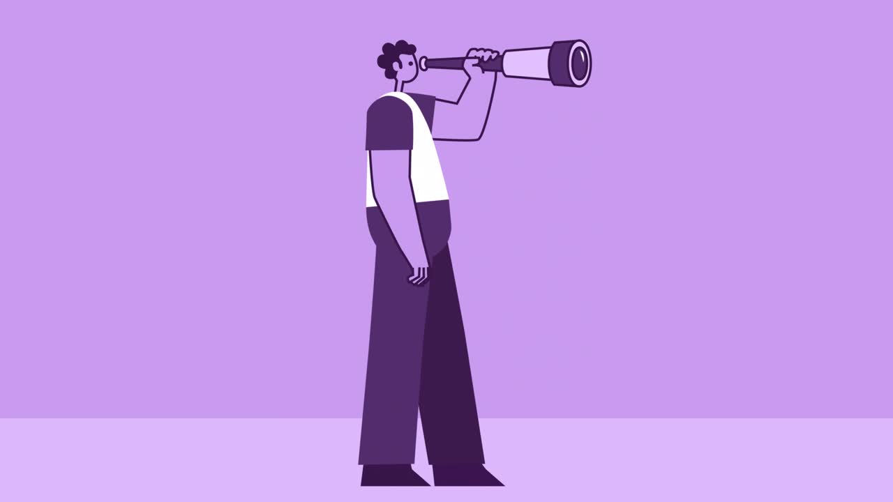 estilo púrpura hombre personaje plano caminando ciclo y mirando a través del telescopio. animación de bucle aislado con canal alfa