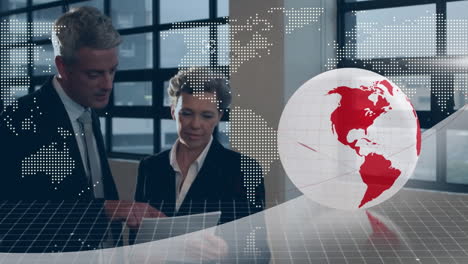 animation of globe and data processing over diverse business people using tablet