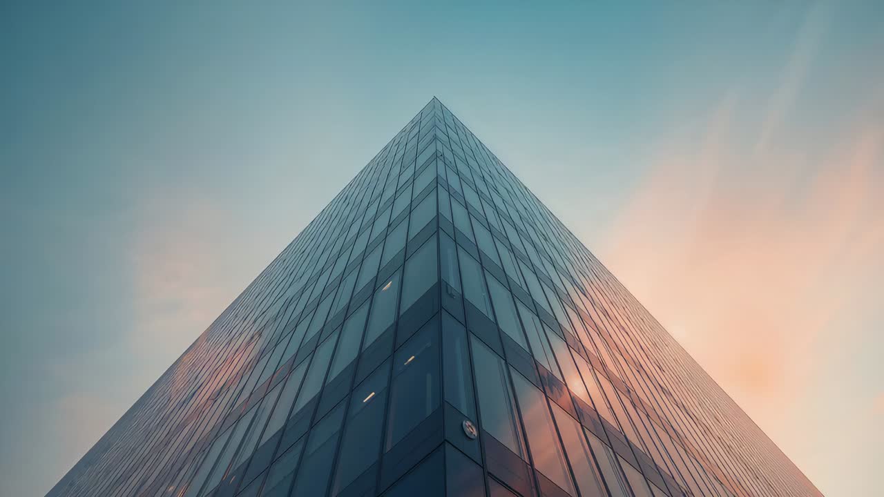 Showing low angle glass tower corner from street, clouds drifting, panels casting sunrise light