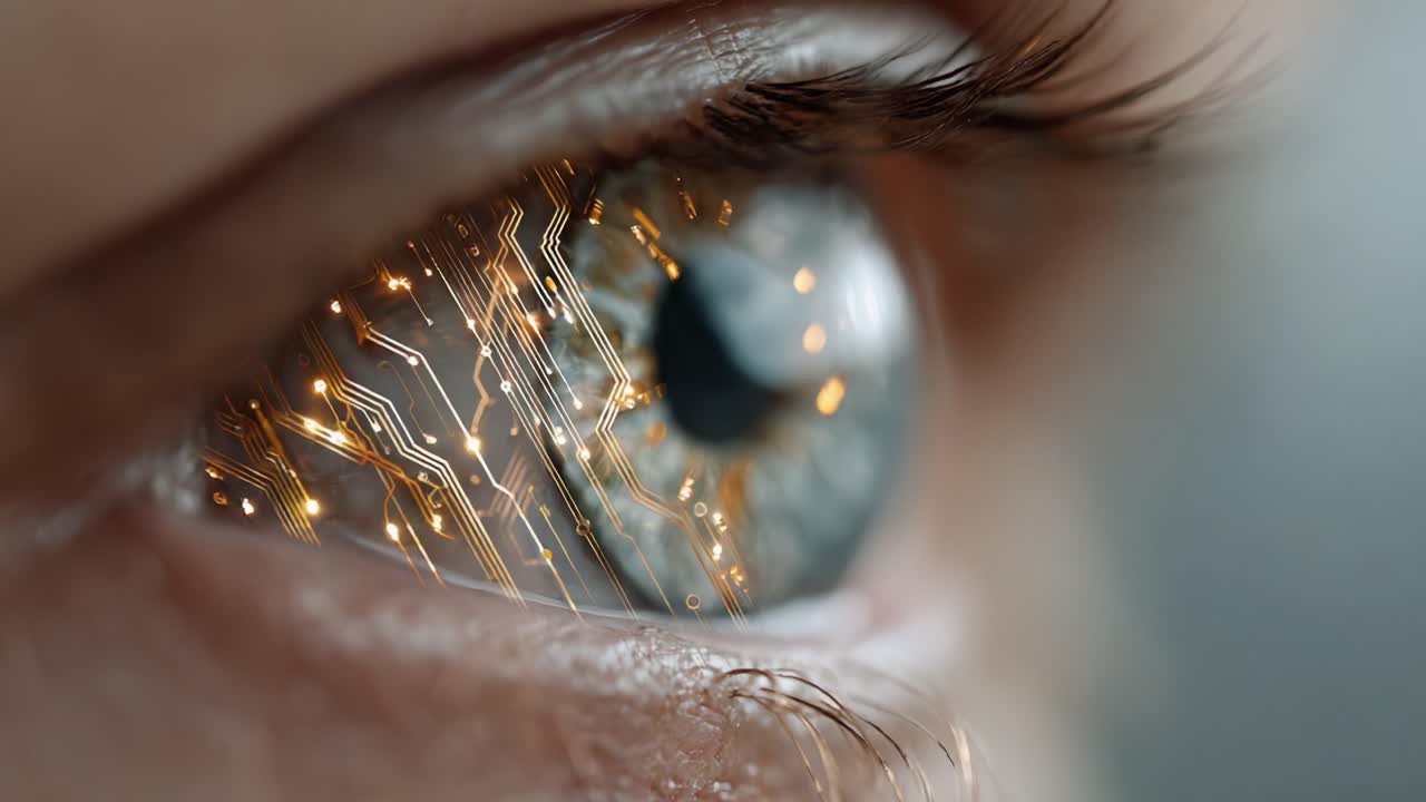A Close-Up of a Human Eye Merging with Digital Technology, Showcasing Intricate Circuit Patterns and a Glimmering Interface Reflecting the Future of Vision