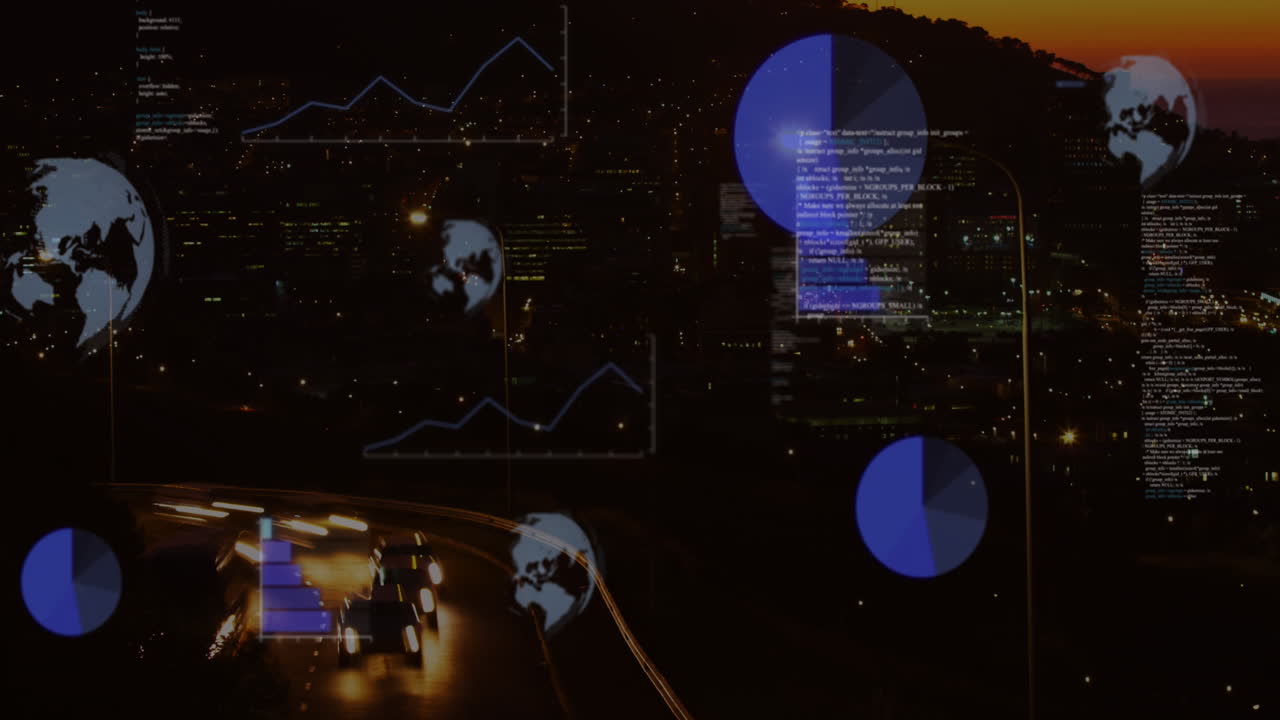animación del procesamiento de datos y globos sobre el paisaje urbano