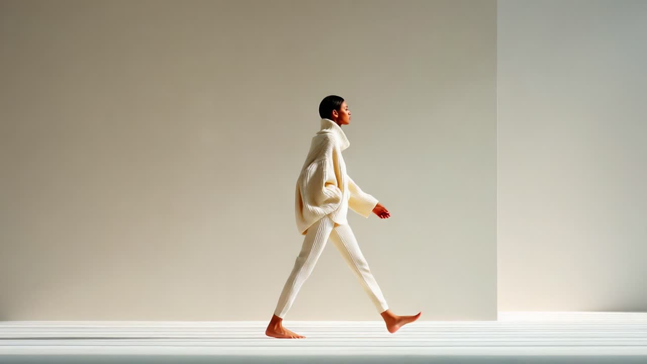 A Chic Model Struts Elegantly Across a Minimalist Stage, Showcasing Contemporary Fashion with a Stylish Sweater and Trousers in a Softly Lit Setup