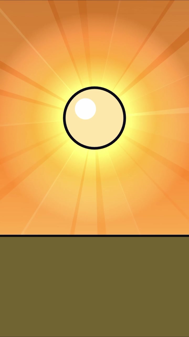 Vertical anime style sun shining over horizon in center, seamless loop