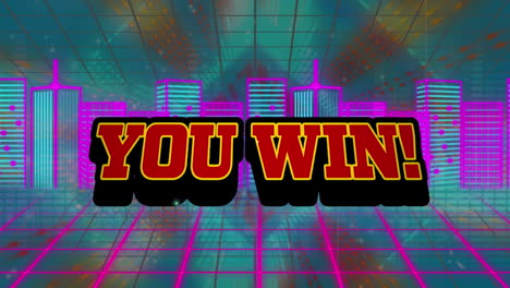 animation of you win text banner over neon 3d city model against neon shapes in seamless pattern