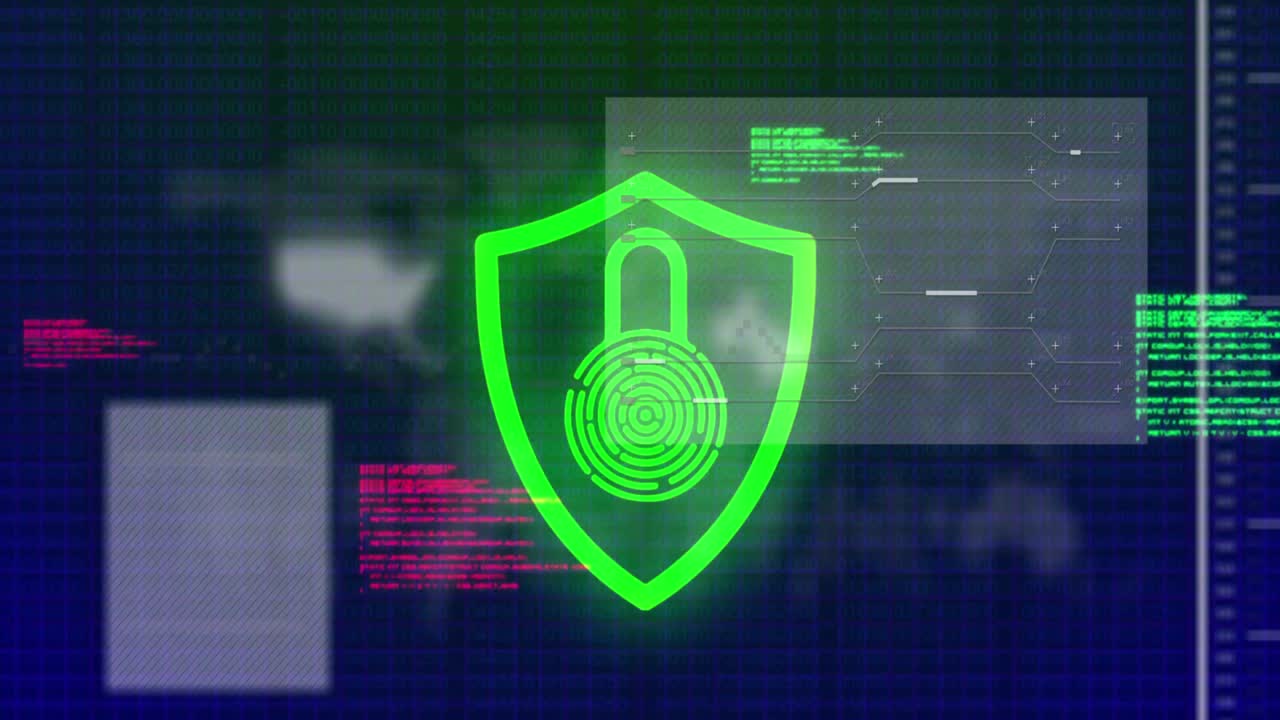 animación del candado y la huella dactilar biométrica y procesamiento de datos sobre un fondo oscuro