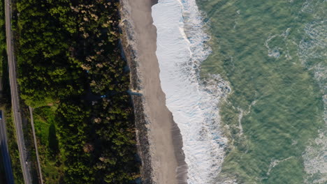 aerial view of a beach with waves and coastline