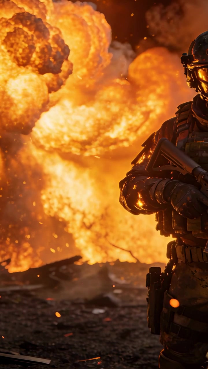 Vertical video: Holding rifle, soldier with helmet vest bracing after blast in warzone, copy space