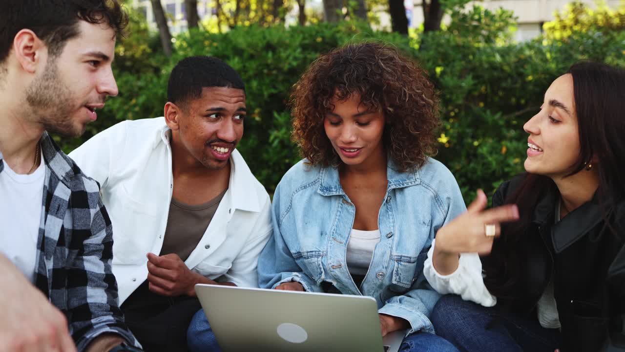 Diverse Group of Young Friends Using Laptop Outdoors