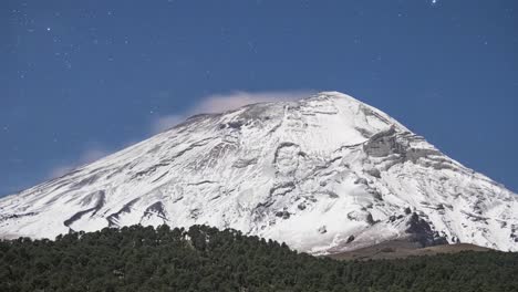 time lapse of popocatepetl active volcano with fumarole and ashes during the night with stars, mexico
