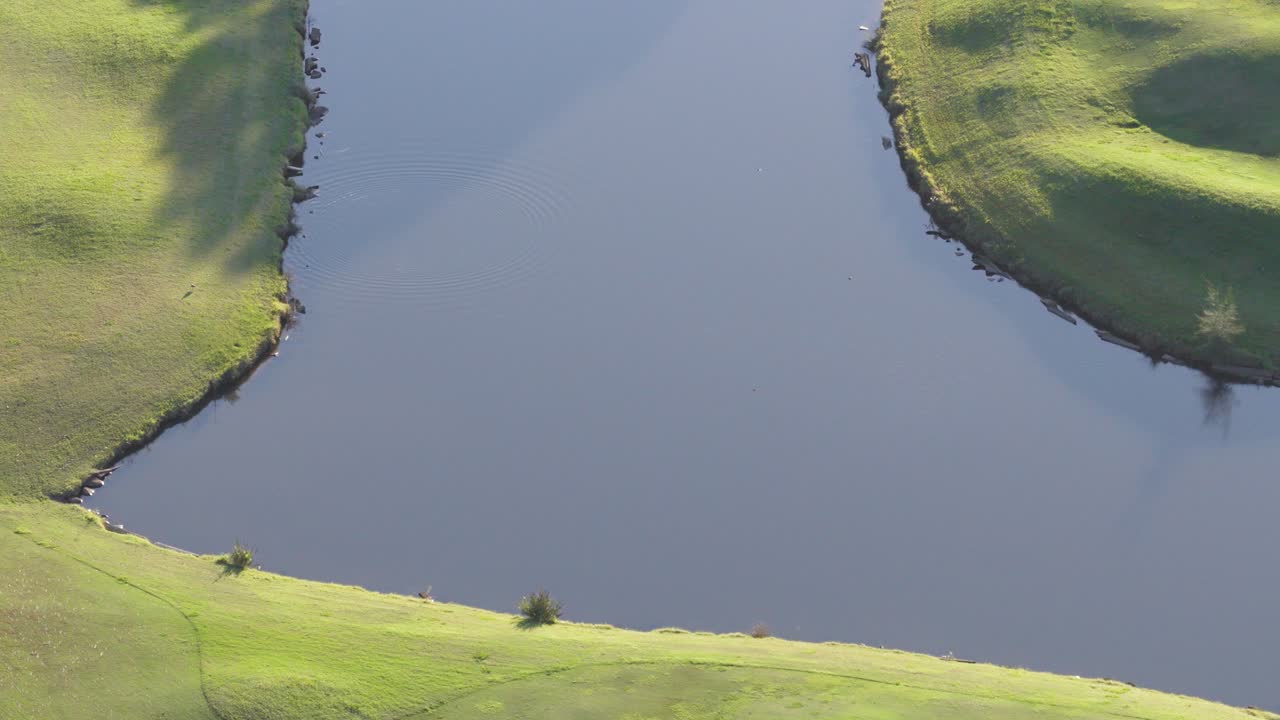 Drone footage captures serene golf course with lush greens, water hazards, and tree shadows under soft daylight in Gold Coast, Australia