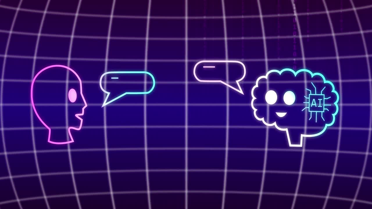 보라색 배경 위에 텍스트, 아이콘 및 데이터 처리의 애니메이션