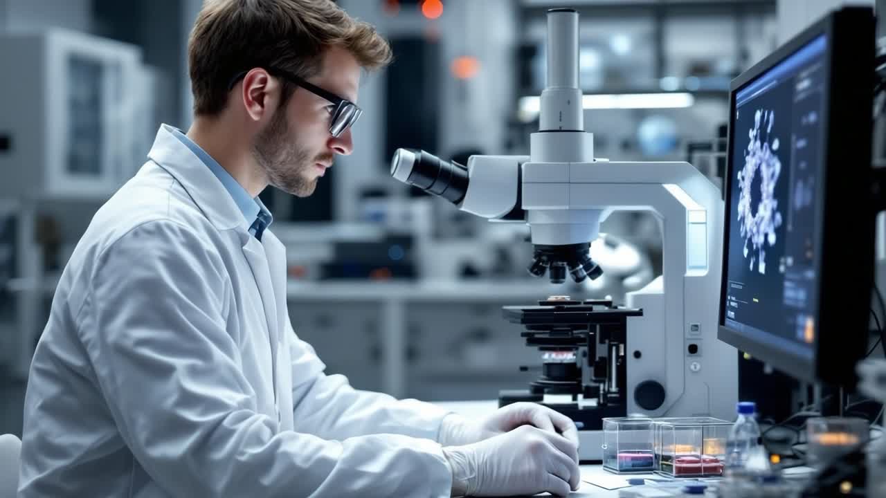 Caucasian man in a lab coat is focused on examining samples under a microscope in a modern laboratory, surrounded by advanced scientific equipment and colorful test tubes, showcasing research work
