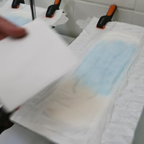 researcher's hand checking the absorption of the inner layer in diaper with his finger. male hand presses the napkin to the diaper and show that it's dry. close up