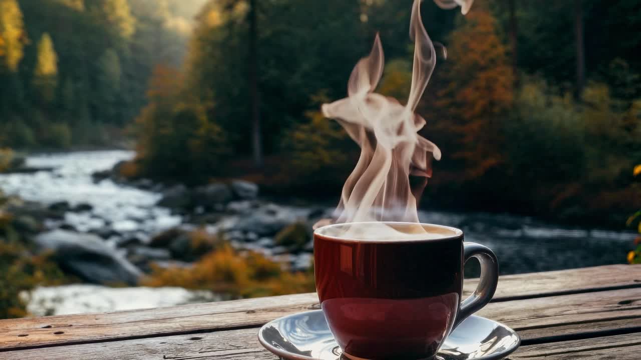 A steaming cup of coffee on a wooden table by a river, captured in a close-up angle