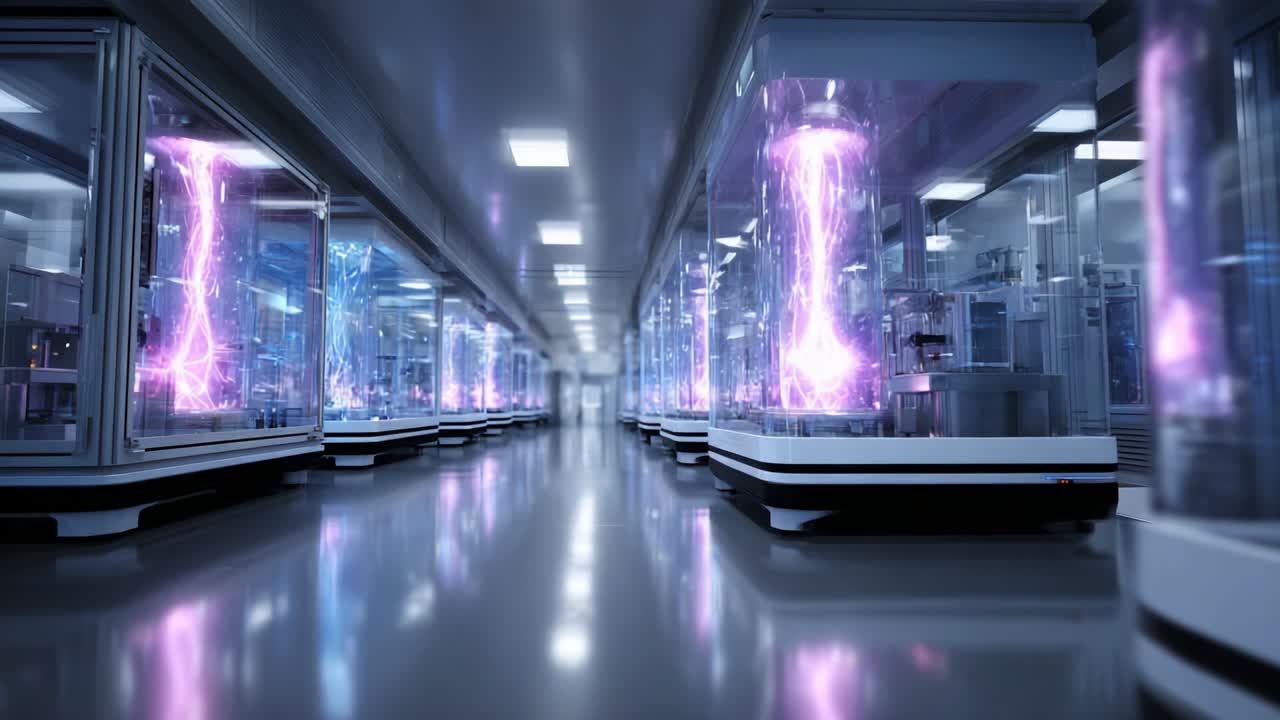 A High-Tech Laboratory Featuring Advanced Energy Research, Showcasing Glowing Plasma Devices in Transparent Chambers, Creating a Futuristic Environment with Neon Lighting and Sleek Design