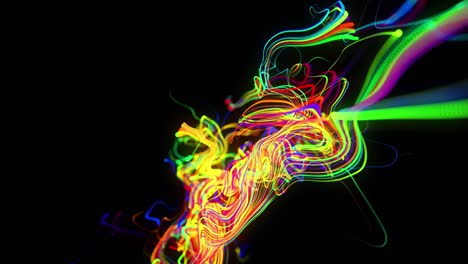 abstract background flow of glow lines. running lights particles form in 3d space glowing beautiful curved lines like ball of wires burning with neon light. beautiful looped creative background in 4k.