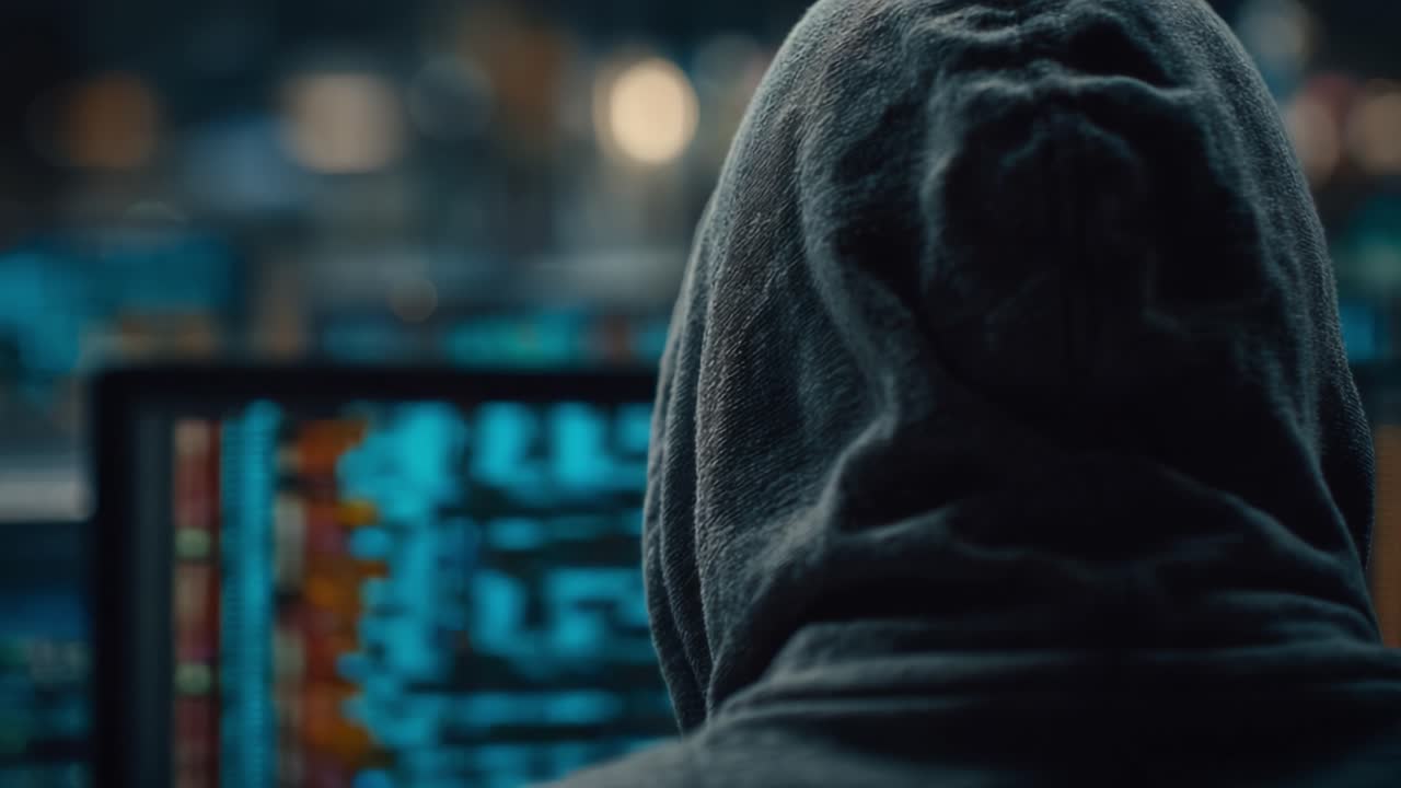 Una figura con una felpa con cappuccio siede a un computer, assorta in linee di codice colorate, simboleggiando il mondo dell'hacking e della programmazione in un ambiente scarsamente illuminato.