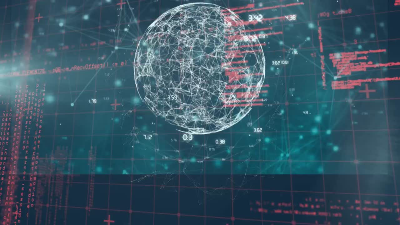 Digital animation of multiple screens with data processing against blue background