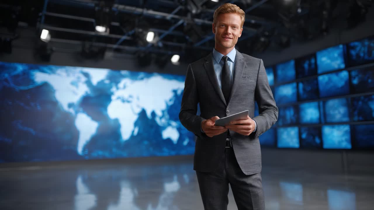 A confident presenter delivers engaging news in a modern broadcasting studio, featuring a dynamic digital world map backdrop and multiple monitors showcasing global information