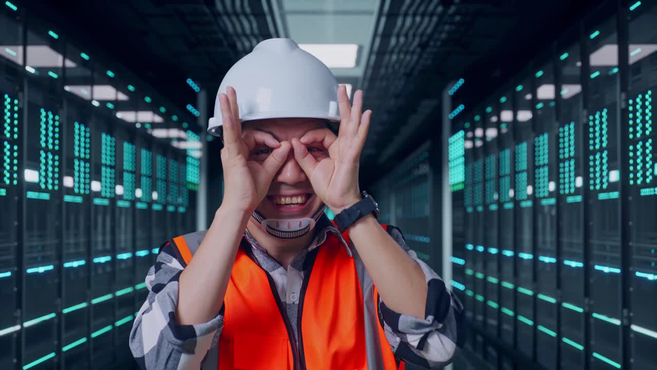 Close Up Of Asian Male Engineer With Safety Helmet Showing Ok Hand Sign Over Eye And Smiling To Camera While Standing in Server Room Data Center